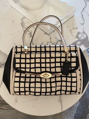 Coach Black & Cream Grid Satchel with Gold Turn-Lock